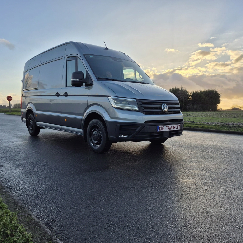 Zilvergrijze K.D.S bestelwagen langs de weg bij zonsopgang